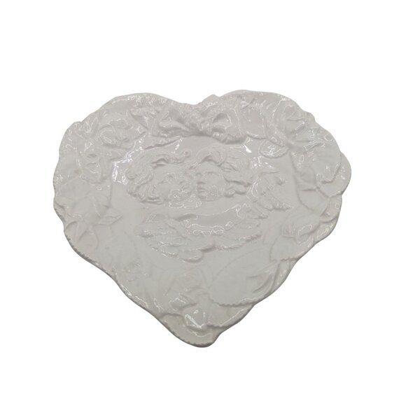 Vintage Italian White Ceramic Heart-Shaped Decorative Plate With Embossed Cherub - Picture 7 of 8